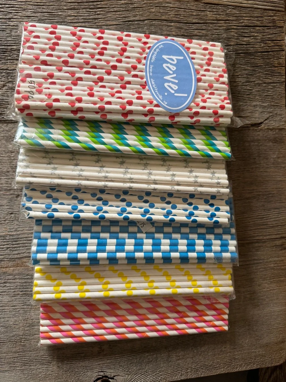Set of 6 Assorted Patterned Paper Straws - Blue, Red, Green, Yellow, Pink